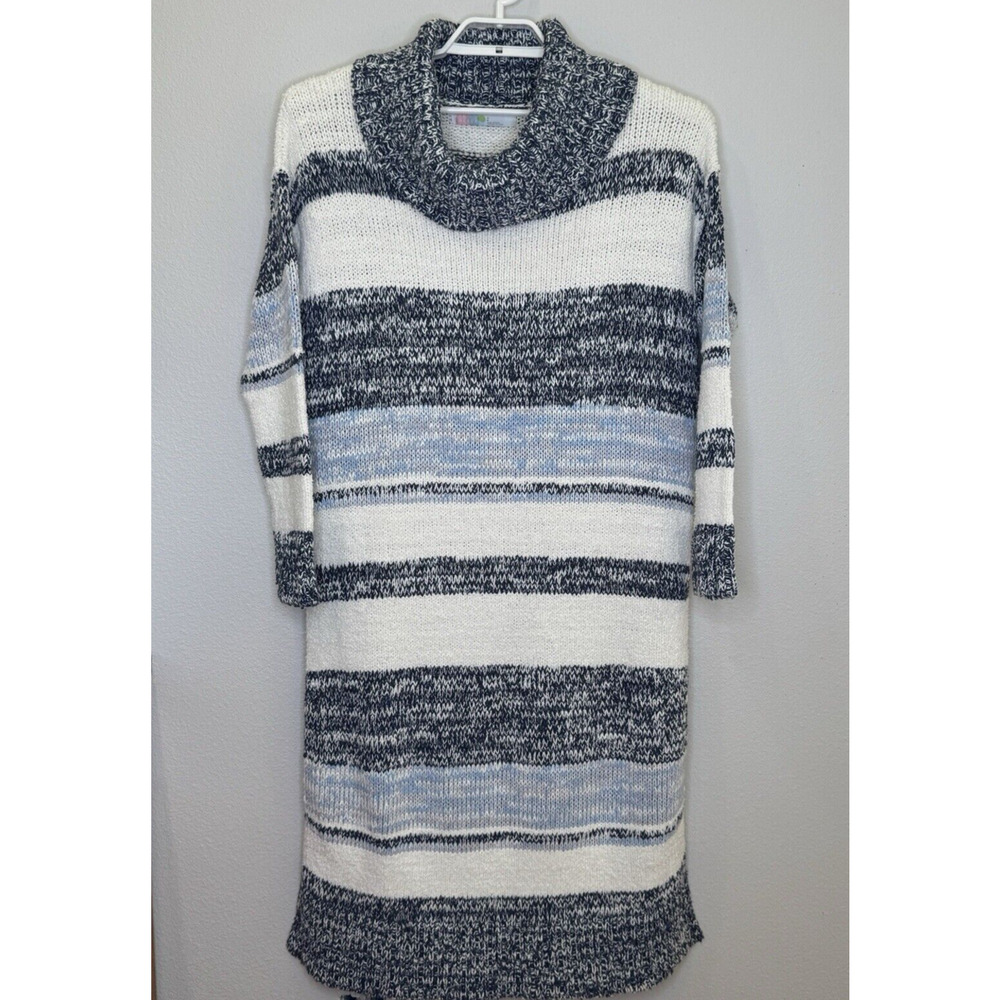 Free People Beach Womens Sweater Dress Sz Large Blue Stripe Cowl Neck Side Slits